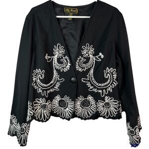 Vintage Marisol Womens Blazer Black White Floral Crop Length White Size L